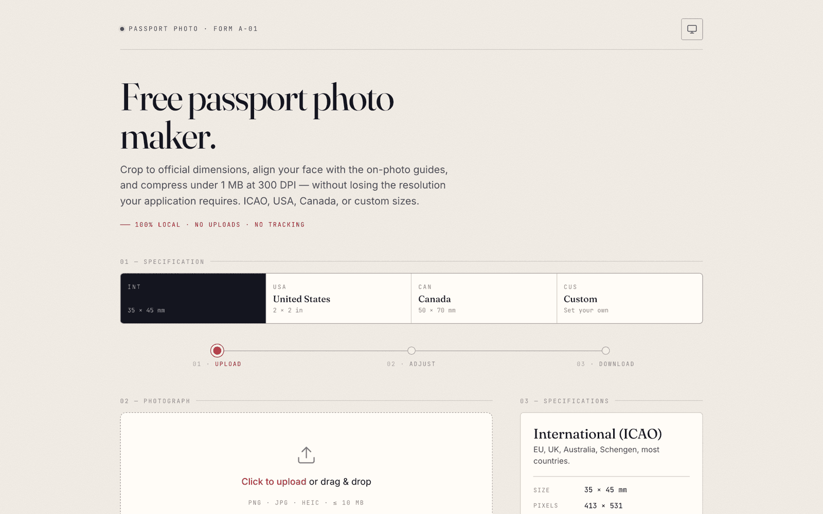 Passport Photo Maker interface: a serif 'Free passport photo maker' headline, a spec selector for International, USA, Canada, and custom sizes, and an upload-adjust-download stepper