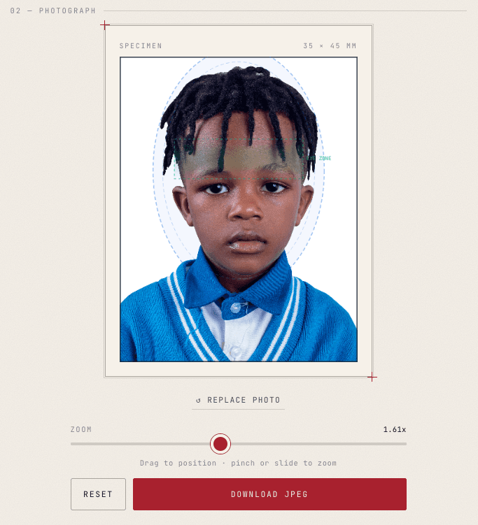 Passport Photo Maker's specimen frame: a child's photo aligned to the 35 × 45 mm guides with head and eye zones marked