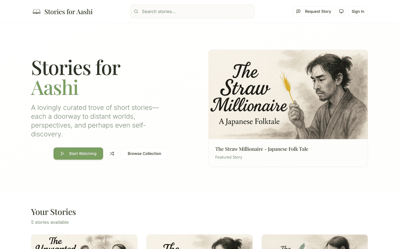Stories for Aashi home page: a serif 'Stories for Aashi' headline over a curated library, with a featured 'The Straw Millionaire' Japanese folktale card and a 'Start Watching' button