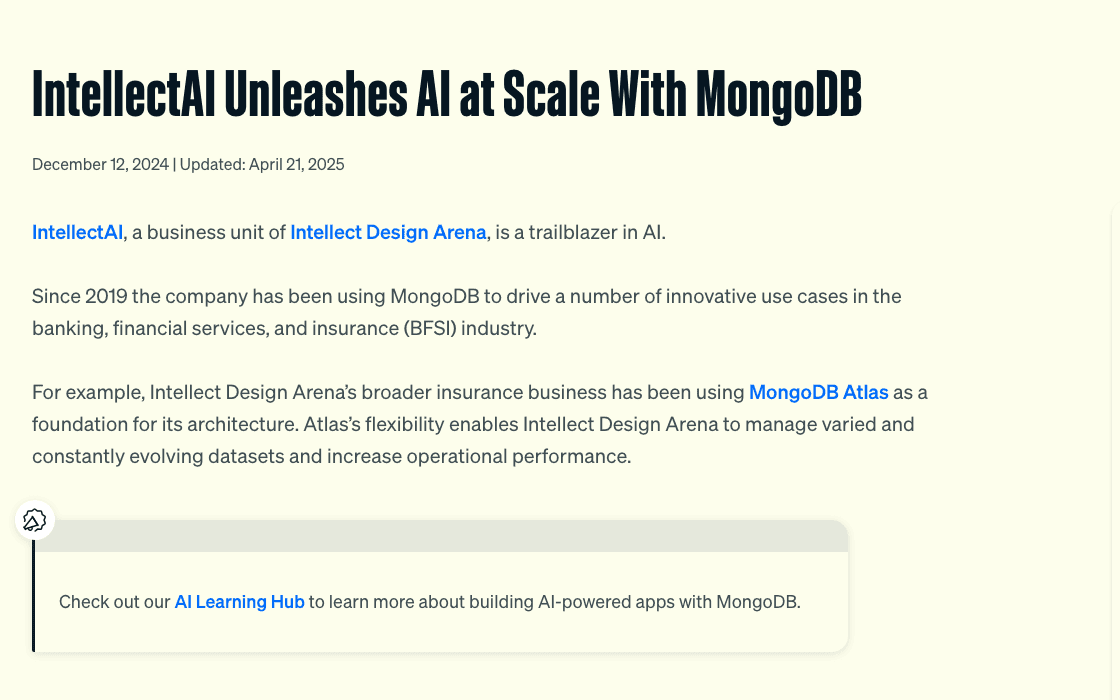 MongoDB's blog post titled IntellectAI Unleashes AI at Scale With MongoDB, dated December 12, 2024