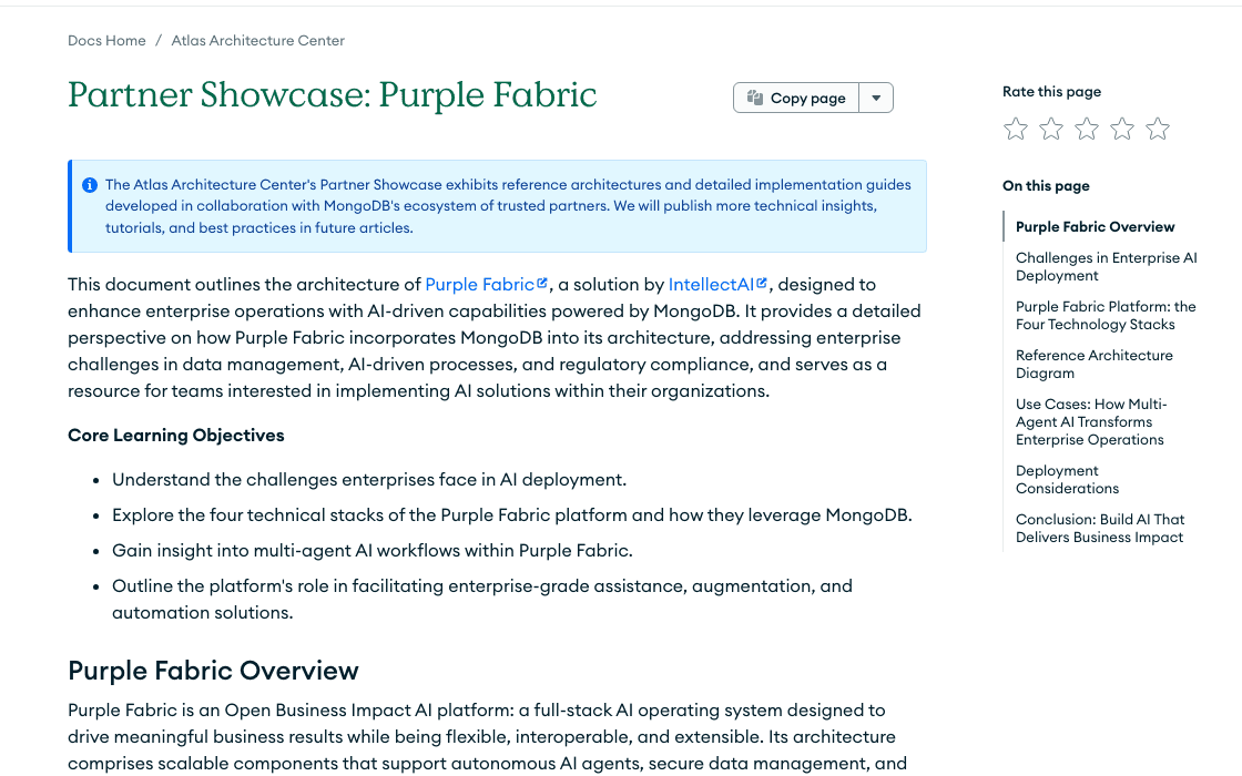 MongoDB's documentation page titled Partner Showcase: Purple Fabric, with the Atlas Architecture Center breadcrumb and the on-this-page outline
