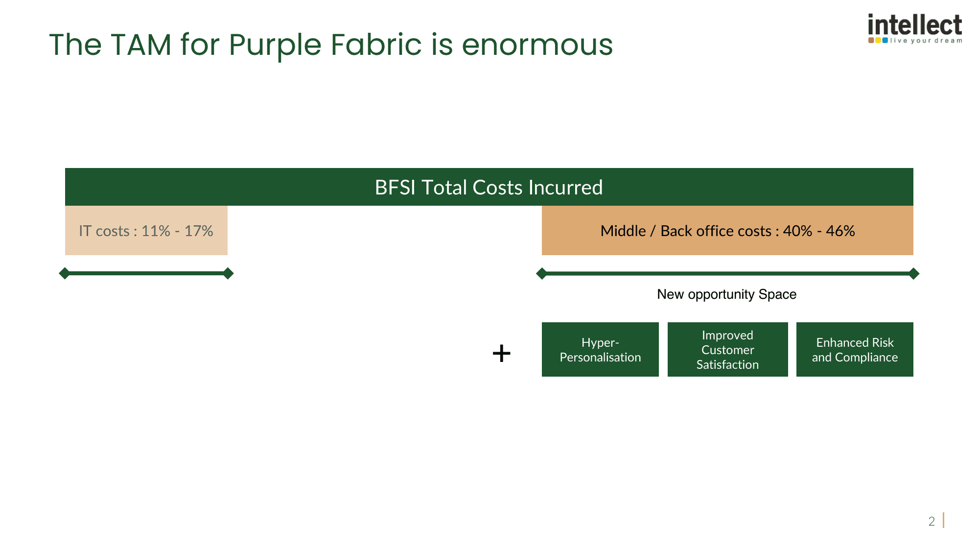 Slide: The TAM for Purple Fabric is enormous. A bar of BFSI total costs with IT costs at 11 to 17% and middle and back office costs at 40 to 46%, marked as the new opportunity space.