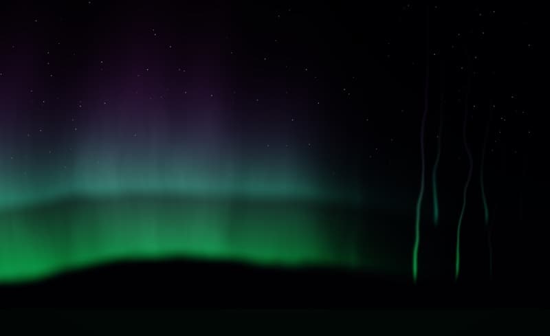 Aurora veil scene: soft vertical curtains of green and violet light, an equalizer rendered as a night-sky aurora