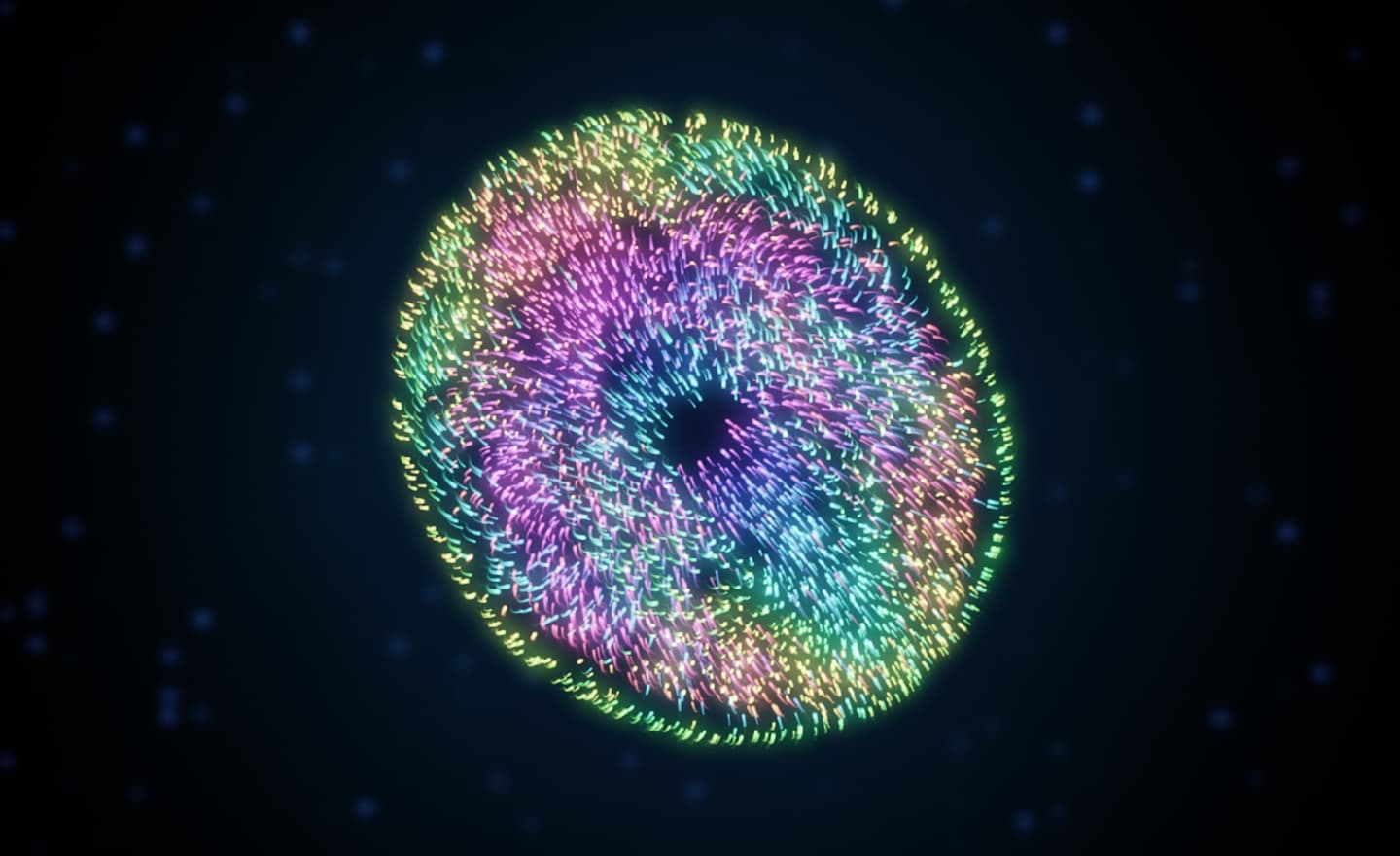 ORPHIC's sync swarm scene: thousands of phase-coupled agents forming a rotating rainbow disc against black