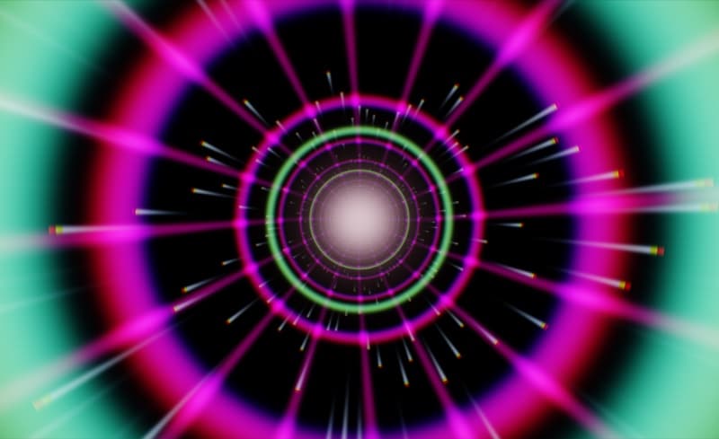 Hyperdrive scene: a neon synthwave tunnel rushing toward the viewer with chromatic aberration on the edges
