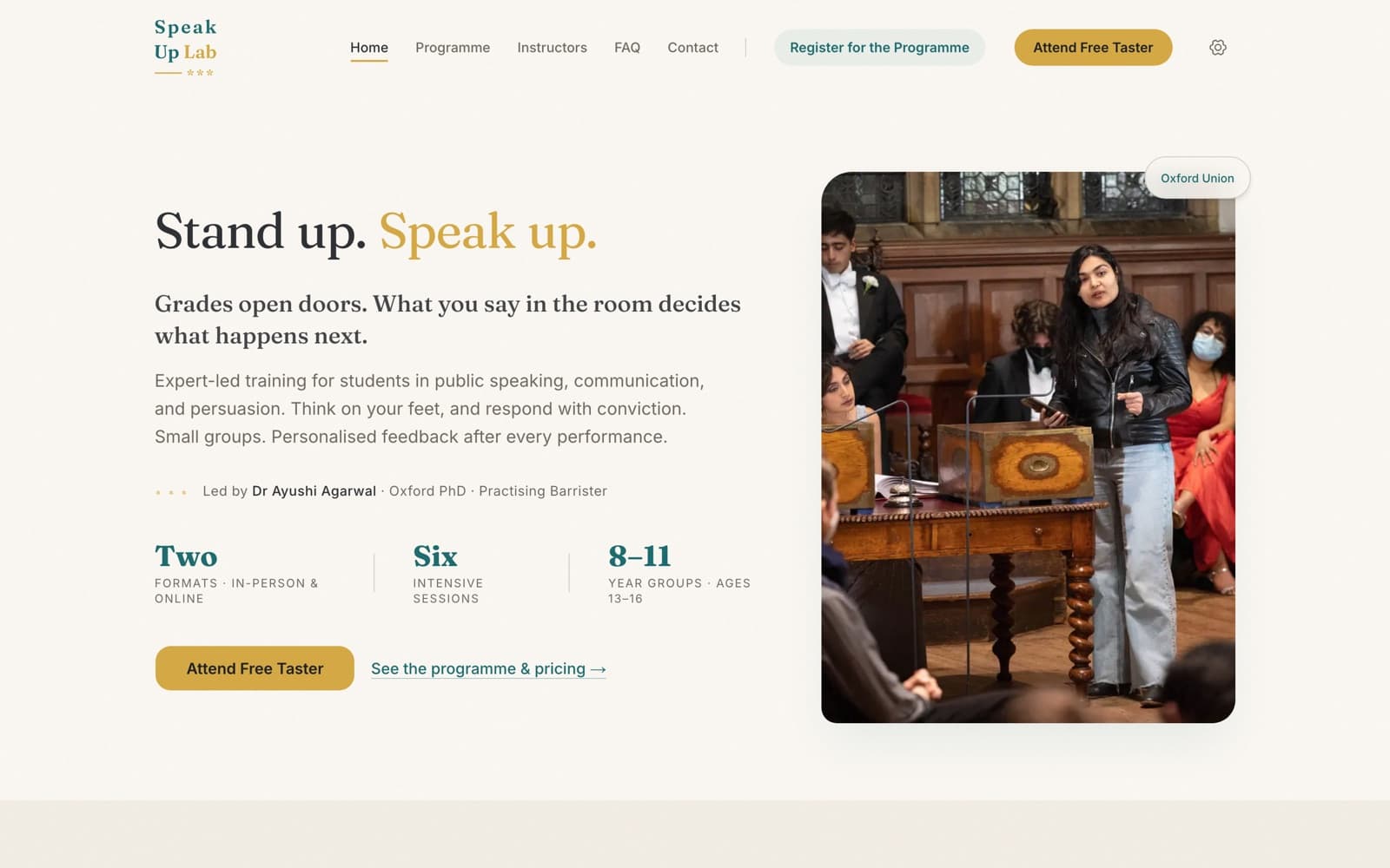 The Speak Up Lab home page: a 'Stand up. Speak up.' headline, programme stats, and a photograph of a student speaking at the Oxford Union