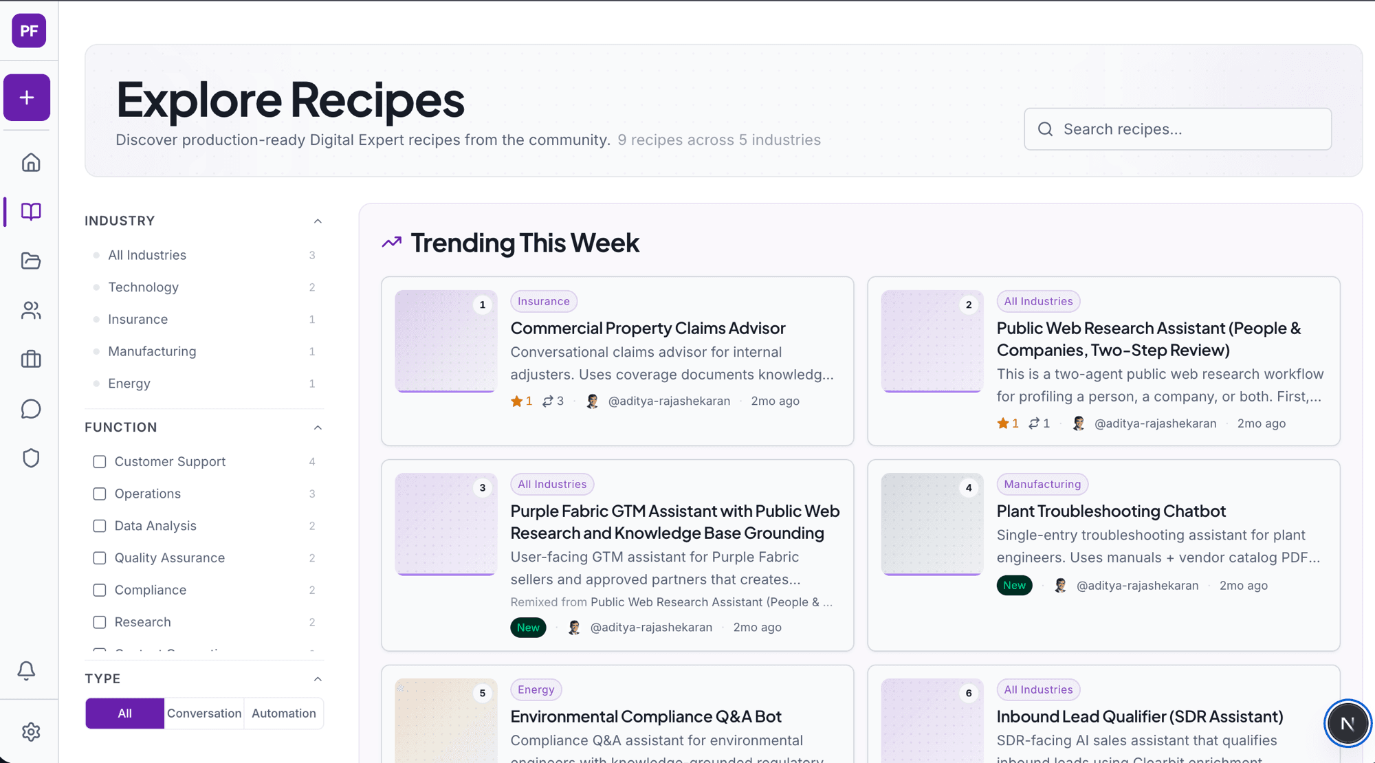 Community marketplace: trending recipes organised by industry and function, with search, filters, and social proof signals
