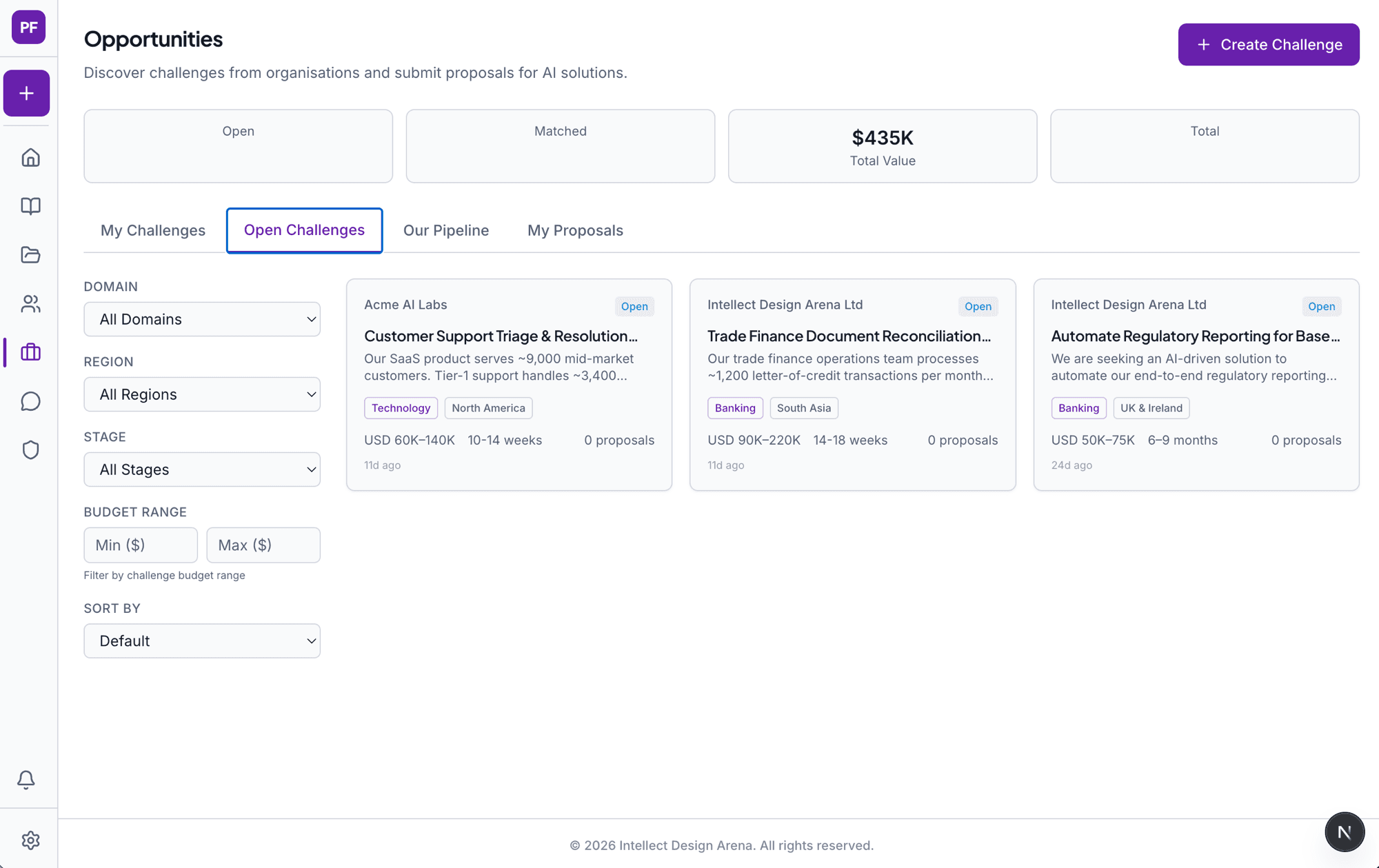 Opportunities Space showing open challenges from Acme AI Labs and Intellect Design Arena with budget ranges and timelines